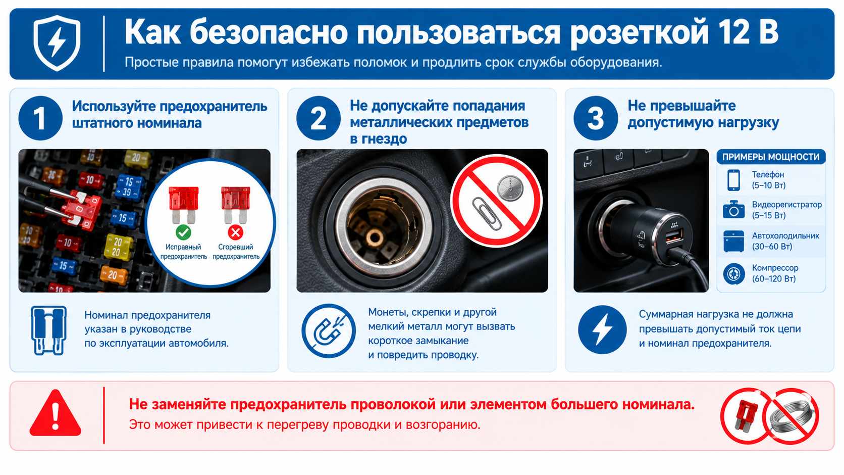 Безопасная эксплуатация розетки 12 В