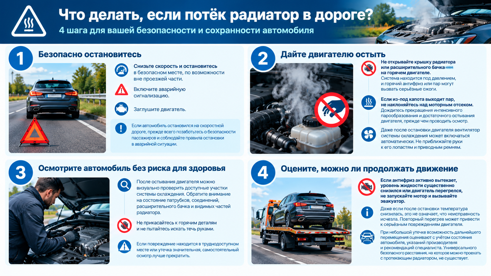 Безопасность при течи радиатора 4 шага