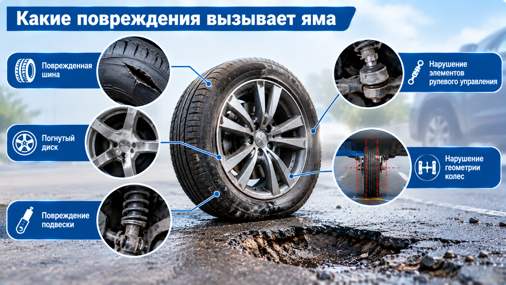 Повреждения автомобиля из за ямы
